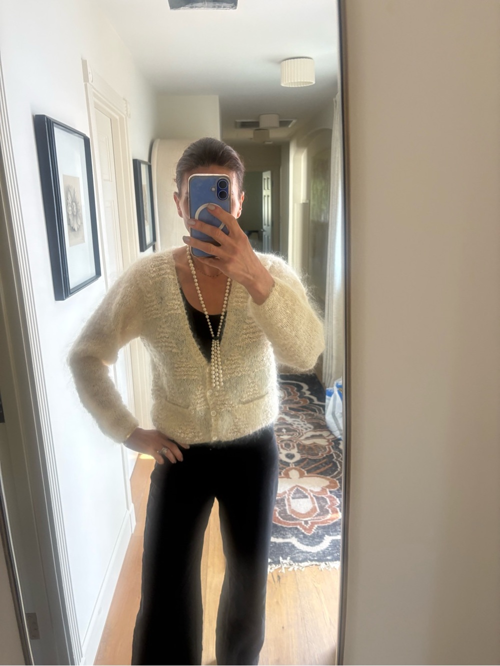 VTG Lauren Hansen Hand Knitted Mohair Wool Cardigan Cream Fuzzy Sweater M - Picture 9 of 15